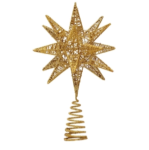 Detail of gold 17-point Christmas tree topper star with hollow iron glitter texture