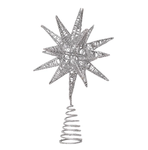 Detail of silver glitter 17-point Christmas tree topper star with spiral base