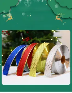 Detail of Christmas ribbons with metallic diamond mesh patterns and reinforced edges