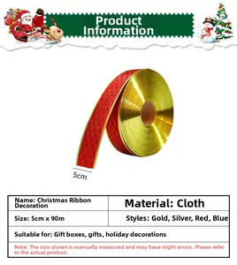 Detailed view of 5cm wide red Christmas ribbon with gold edges and fine mesh texture