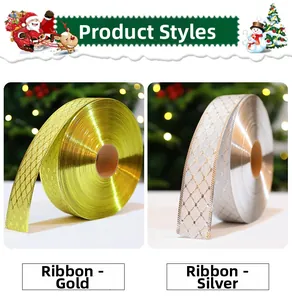 Detail of Christmas ribbons with metallic gold and silver diamond patterns for gift wrapping