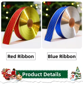 Detail of red and blue Christmas ribbons with metallic fish-scale texture and gold silver edges