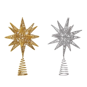 Glitter Christmas Tree Topper Star 17 Point Multi Angle Star Iron Wire Hollow Ornament Gold Silver Festive Home Window Decor