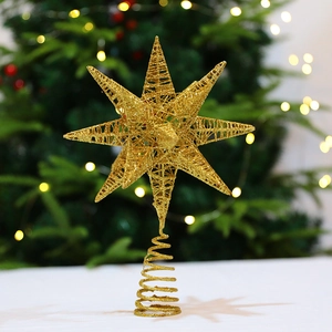 Glittery gold 17-point star Christmas tree topper with iron wire frame and spiral base