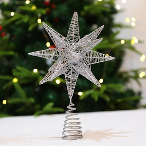 Elegant 17-point silver glittered Christmas tree topper star with metal spiral base stand