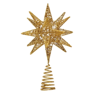 Sparkling gold multi-point star Christmas tree topper with ornate ironwork and glitter finish