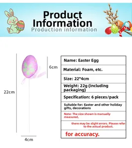 Detailed size specifications for purple glitter Easter egg picks with floral patterns