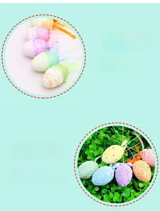 Close-up of Easter foam eggs with striped yarn texture and colorful glitter particles