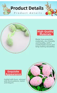 Détails d'œufs de Pâques en mousse texturée avec motifs floraux et rubans en soie colorés