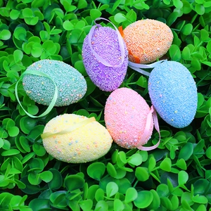 Set of 6 colorful Easter egg hanging decorations with foam bead texture and ribbons