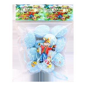 Set decorativo pasquale con uova di schiuma puntinate azzurre e nastri per appendere in busta