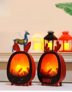 Detail of LED fireplace lantern decoration with cute bunny ears and warm glow