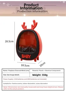 Detailed specs of reindeer fireplace lantern showing USB or battery power options