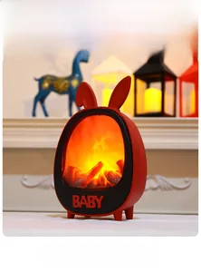 Macro detail of red rabbit-ear fireplace lantern with simulated glowing charcoal effect
