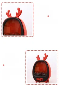 Detail of red cartoon reindeer decorative lamp with simulation fireplace and BABY logo