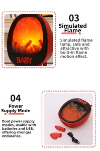 Detail of red flame lantern with BABY logo and dual battery or USB power modes