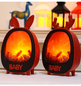 Detail view of decorative simulation fireplace lanterns with deer antlers and rabbit ears