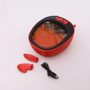 Portable USB baby bottle warmer in red and black with embossed BABY text on lid