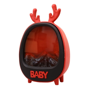 Red reindeer-themed mini electric fireplace lamp with BABY text and glowing charcoal effect