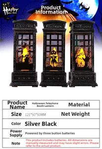 Halloween telephone booth lantern with LED light and festive pumpkin graphics detail