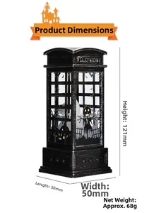 Detailed dimensions of Halloween telephone booth lantern with LED candle pumpkin graphics