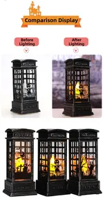 Detail view of Halloween LED telephone booth lamp showing lit and unlit lighting effects