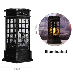 Detail of Halloween telephone booth lantern with LED candle, height 121mm and base 50mm