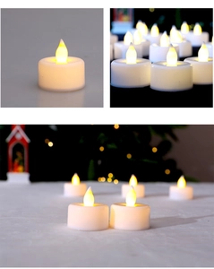 Macro view of LED tea light candle with warm yellow glow and realistic flame effect