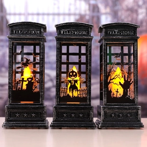 Retro Halloween telephone booth LED lanterns with witch, pumpkin, and zombie silhouette patterns