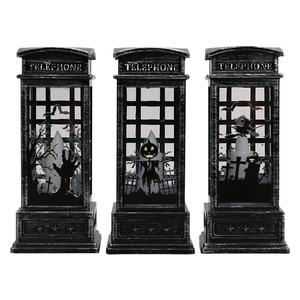 Three bronze Halloween telephone booth lanterns with LED lights and spooky silhouettes