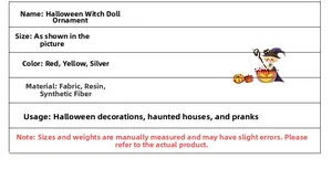 Detailed technical specifications for Halloween witch doll ornaments in fabric and resin