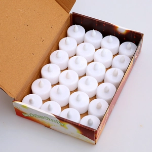 Bulk pack of 24 flameless white LED tea light candles in a brown cardboard display box