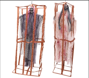 Detail view of hanging Halloween cage ghosts with purple and blood-stained white robes