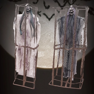 Halloween Hanging Caged Ghost Decoration Horror Animated Skeleton With Sound Activated Glowing Eyes For Haunted House Party Prop