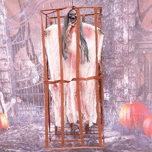 Halloween hanging cage ghost decoration with sound control and skull for haunted houses
