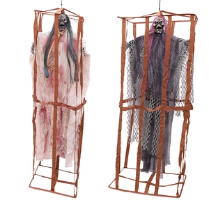 Halloween hanging cage ghosts with sound control and realistic skull decorations