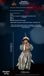 Detailed view of Halloween hanging witch with resin mask, striped dress and red broomstick