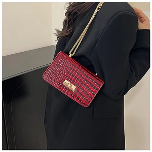 Detail of deep red crocodile embossed leather handbag with gold chain and metal buckle
