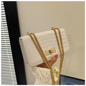 Detailed view of white crocodile pattern bag with gold chain and rotating lock