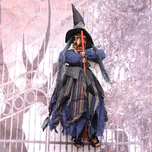 Halloween witch hanging decoration with black hat and broom for festive party decor