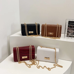 Chic faux crocodile leather crossbody bags with gold chains in black, brown, burgundy and white