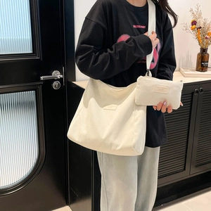 Off-white corduroy tote bag and crossbody pouch set for women in casual daily style
