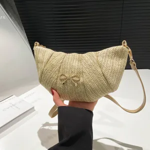 Summer New Fashion Women Straw Woven Dumpling Bag With Golden Butterfly Bow PU Leather Shoulder Crossbody Bag Vacation Handbag