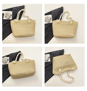 Detailed four-view composite of a woven straw tote bag with cotton rope handles
