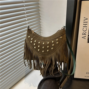 Vintage Suede Texture PU Tassel Rivet Half Moon Underarm Bag For Women Summer Fashion Shoulder Crossbody Bag