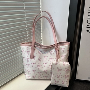 Women Bowknot Heart Print Tote Bag Set PU Leather Large Capacity Shoulder Bag With Small Pouch Daily Fashion Handbag
