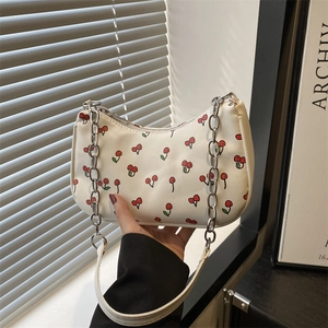 French Niche Underarm Bag Women Summer New Fashion Cherry Print Handbag City Simple PU Leather Metal Chain