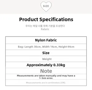 Spécifications du sac à dos en nylon : 30 cm de long, 14 cm de large et 44 cm de hauteur