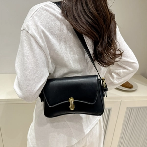 French style black faux leather shoulder bag with elegant gold metal buckle closure