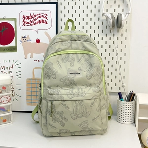 Détail d'un sac à dos vert menthe avec imprimé ours vintage sur un bureau blanc
